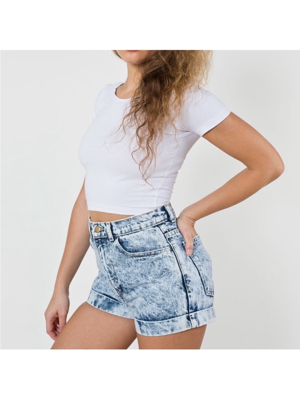 American Apparel High Rise Acid Wash Cuffed Jean Shorts 26